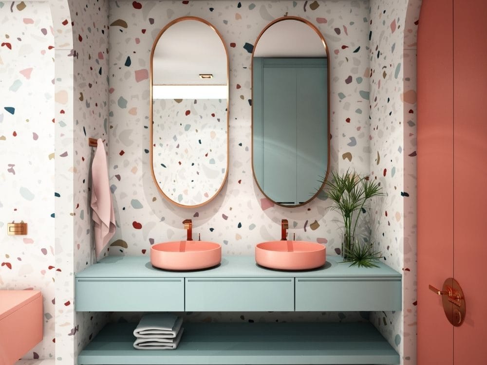 Bathroom mirrors with white, green and grey terrazzo tiling