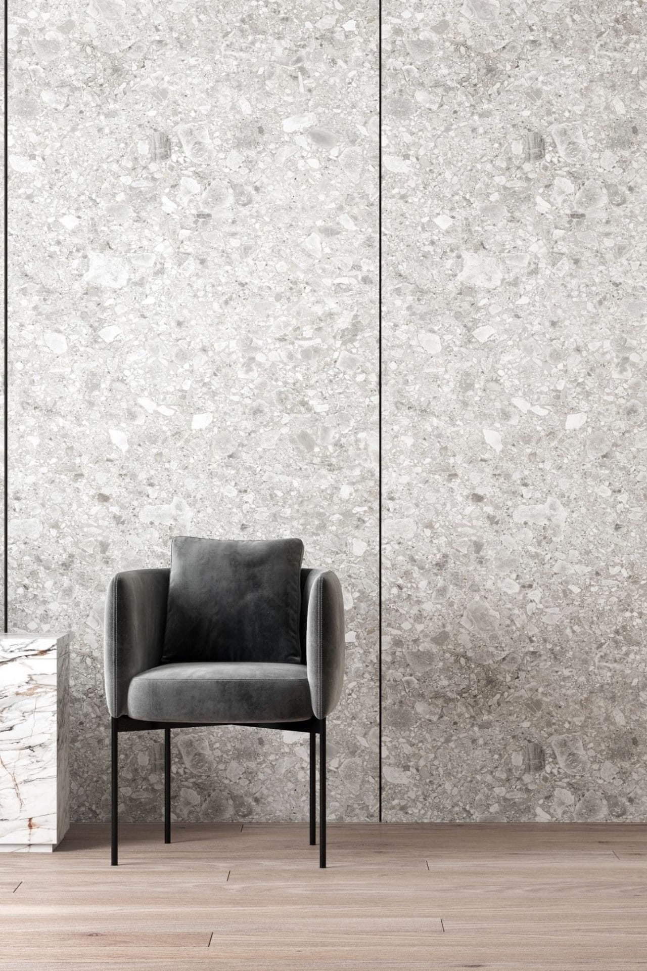 Grey chair in a modern, grey room